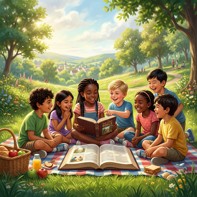 Hero - Crianças lendo a Bíblia num picnic